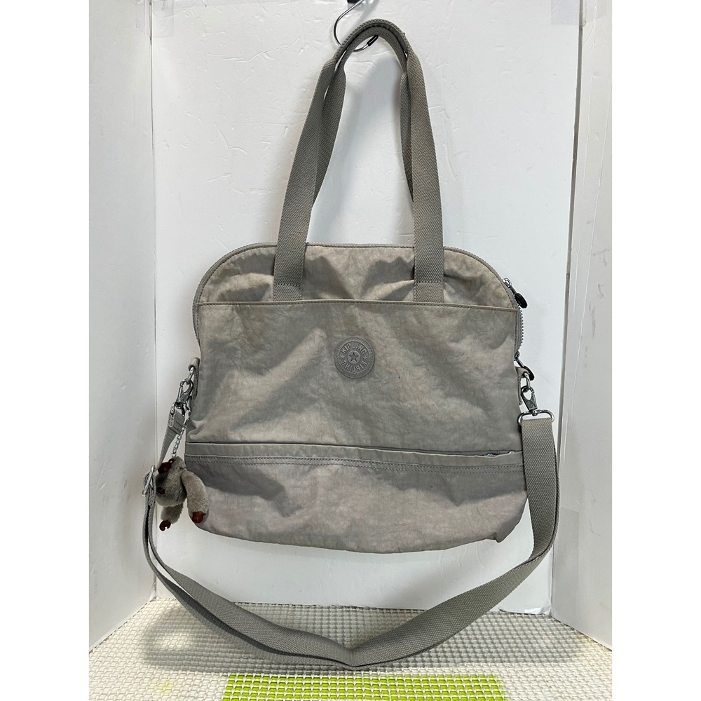 Kipling HB7001-051 Gray Crinkle Nylon Crossbody Tote Bag Nathan Monkey Key-chain